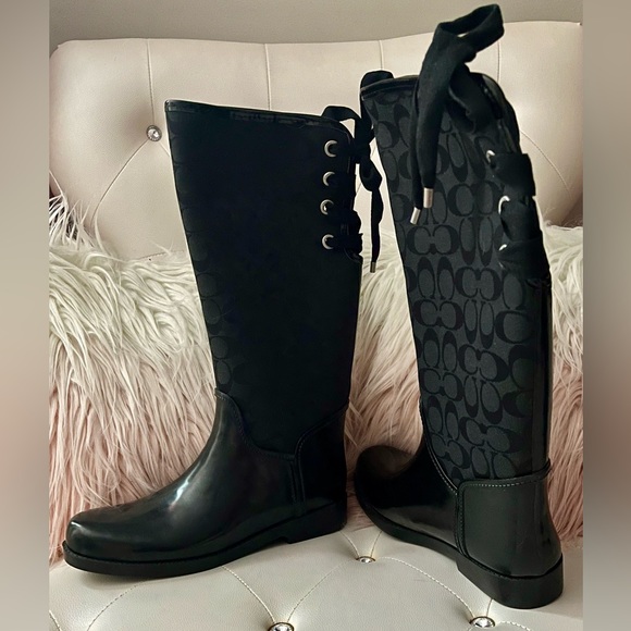 Coach Black Signature Jacquard Back Lace Up Rain Boots Size 11B/41 - Picture 5 of 15